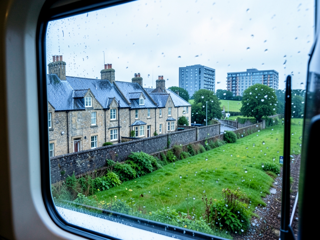 rainy English countryside railway journey viewed through train