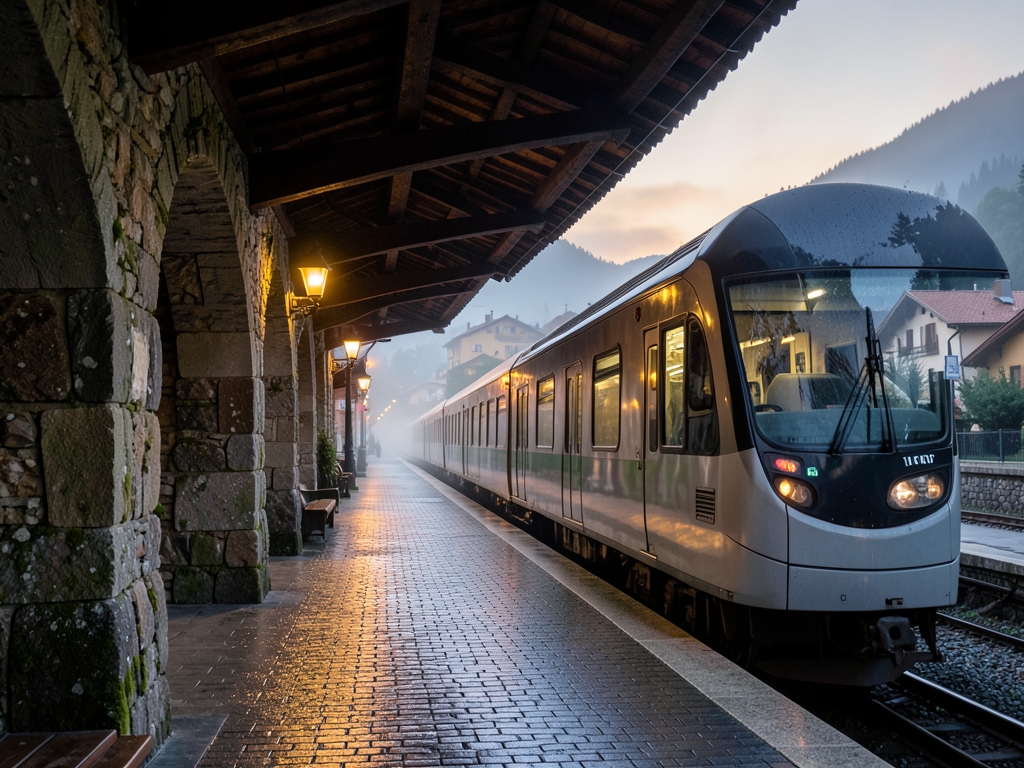 quiet Alpine railway platform dusk between stone arcades