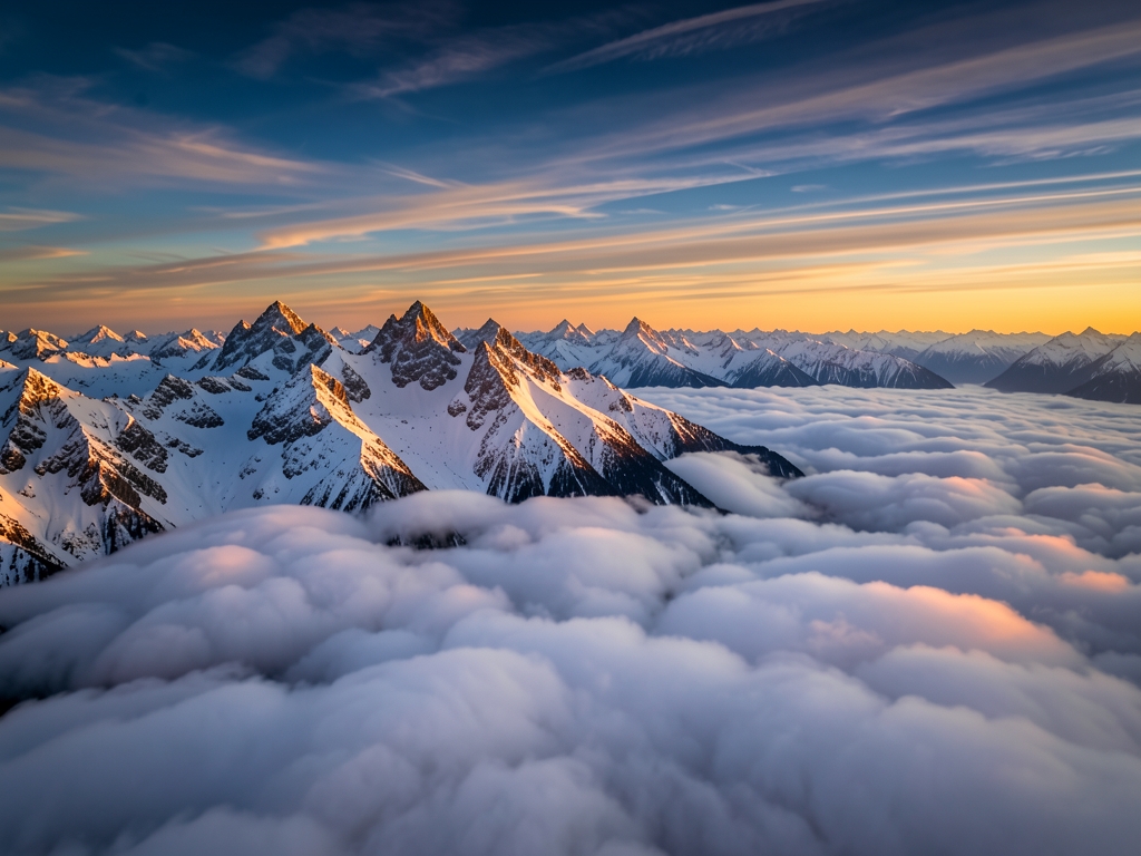 high altitude view over snow dusted Alps golden hour where