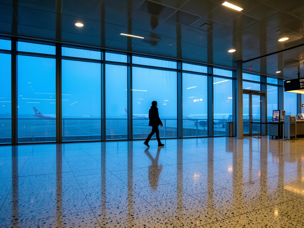 quiet European airport terminal blue hour polished terrazzo