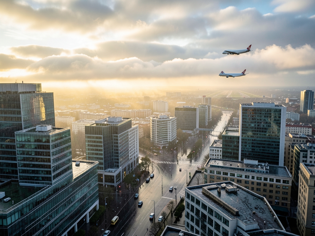 rain washed European city skyline connected distant runway airplane