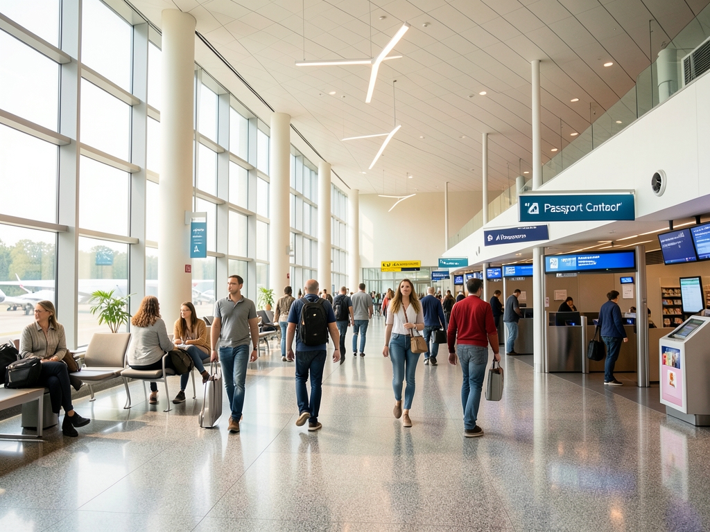 Wide European airport departure hall with tall windows