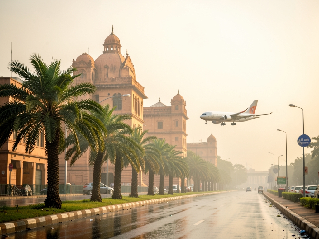 Delhi arrival route warm monsoon haze sandstone terminal