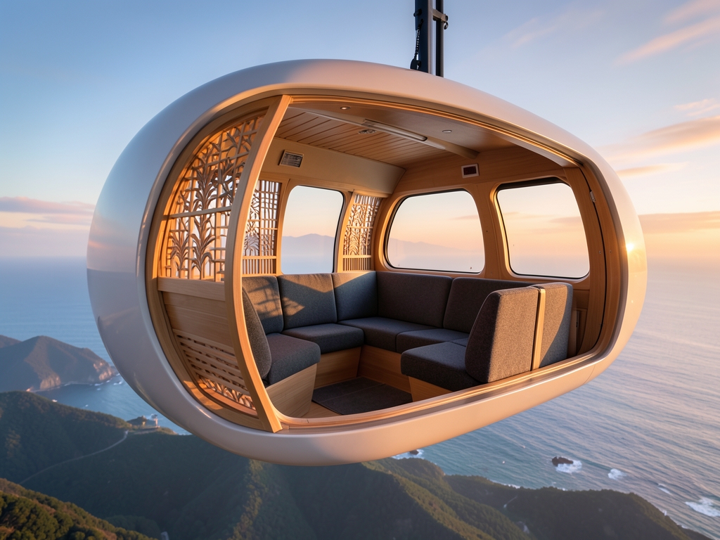 tranquil Japanese aircraft cabin above coastal landscape sunrise
