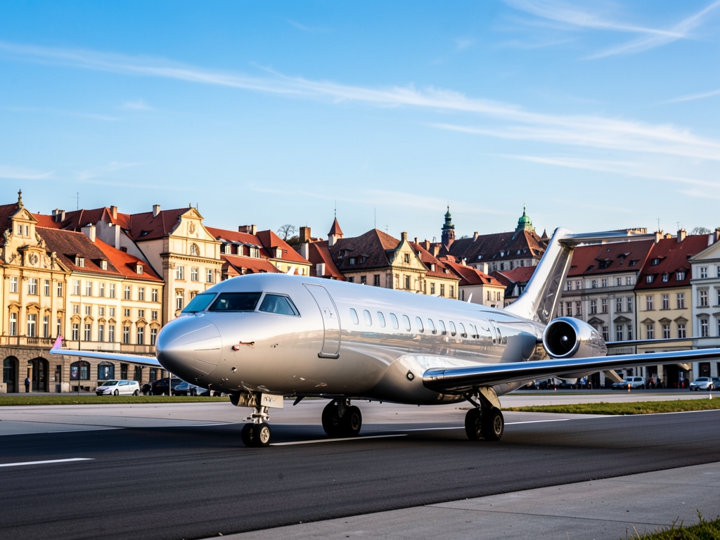 sleek charter plane taxiing beside historic European city