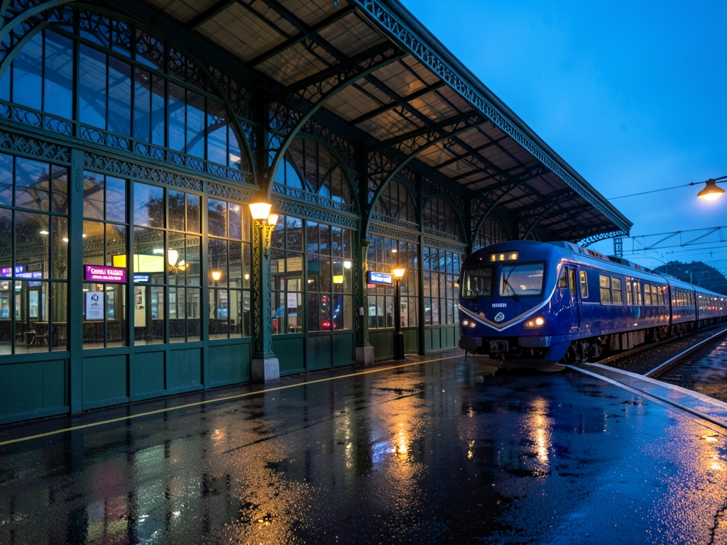 Historic glass and iron railway station dusk with deep blue night
