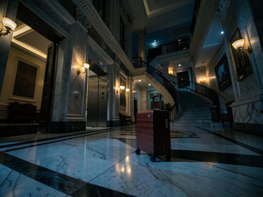 Hotel lobby night with marble floors soft lamps