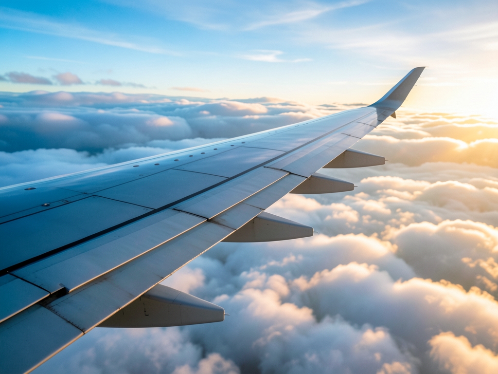 Large passenger wing over soft Atlantic clouds sunrise