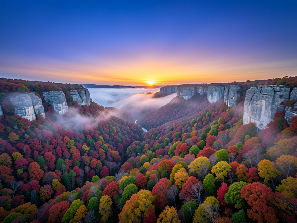 Fog draped Ozark hills early fall dusk with weathered