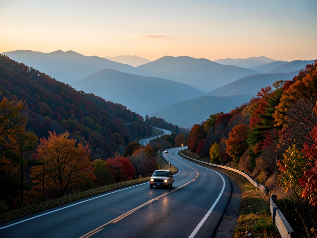 mountain parkway curving through Blue Ridge ridges dusk