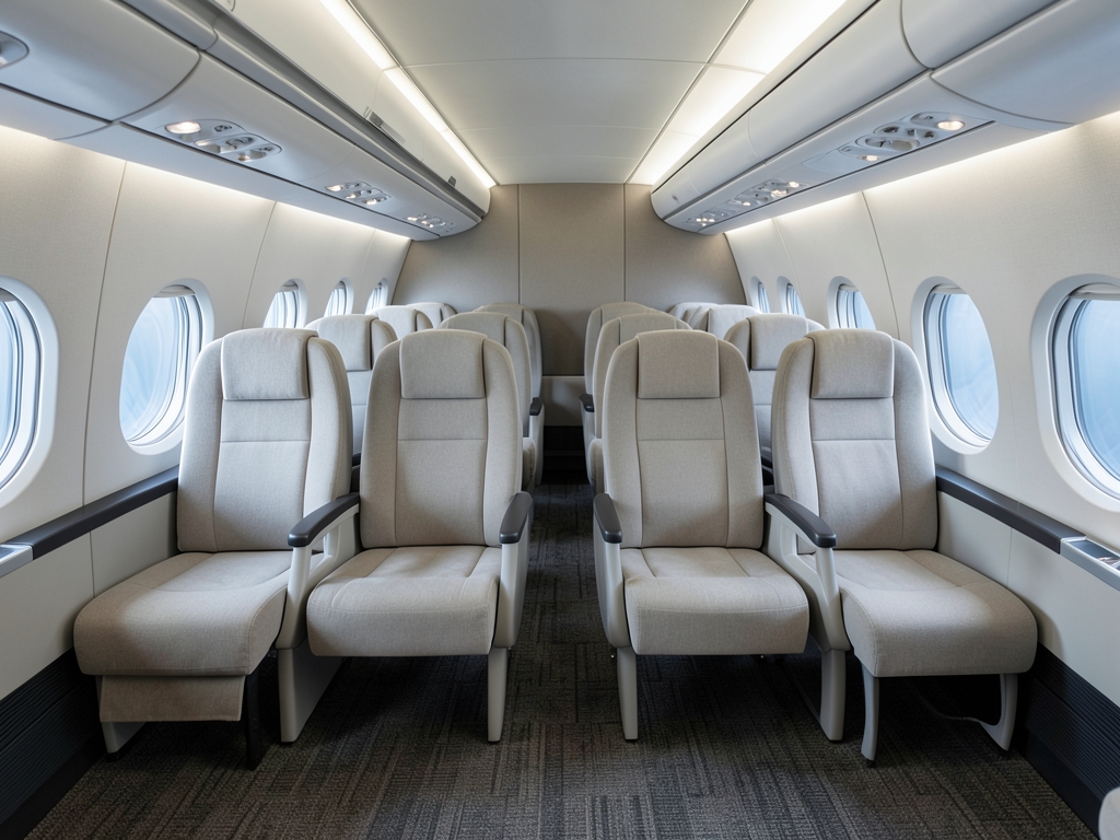 sparse premium economy cabin interior with rows seats soft