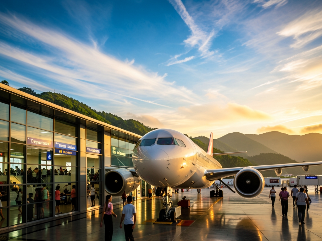 Golden late afternoon light over Vietnamese coastal airport aircraft