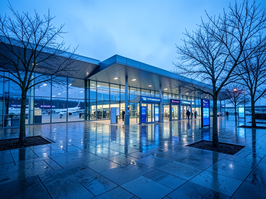 Modern London airport terminal exterior blue dusk with