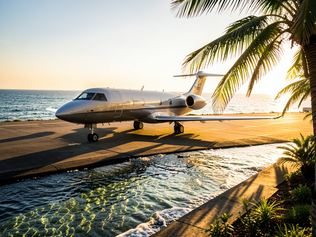 Sun drenched tarmac dawn with modern parked near crystal clear