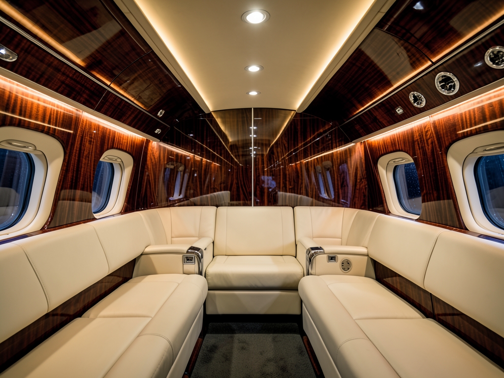 Wide angle view luxurious aircraft cabin interior featuring rich
