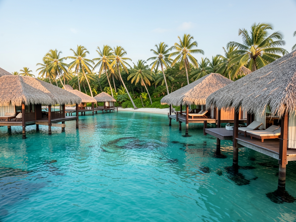 Tropical South Pacific lagoon with thatched overwater villas