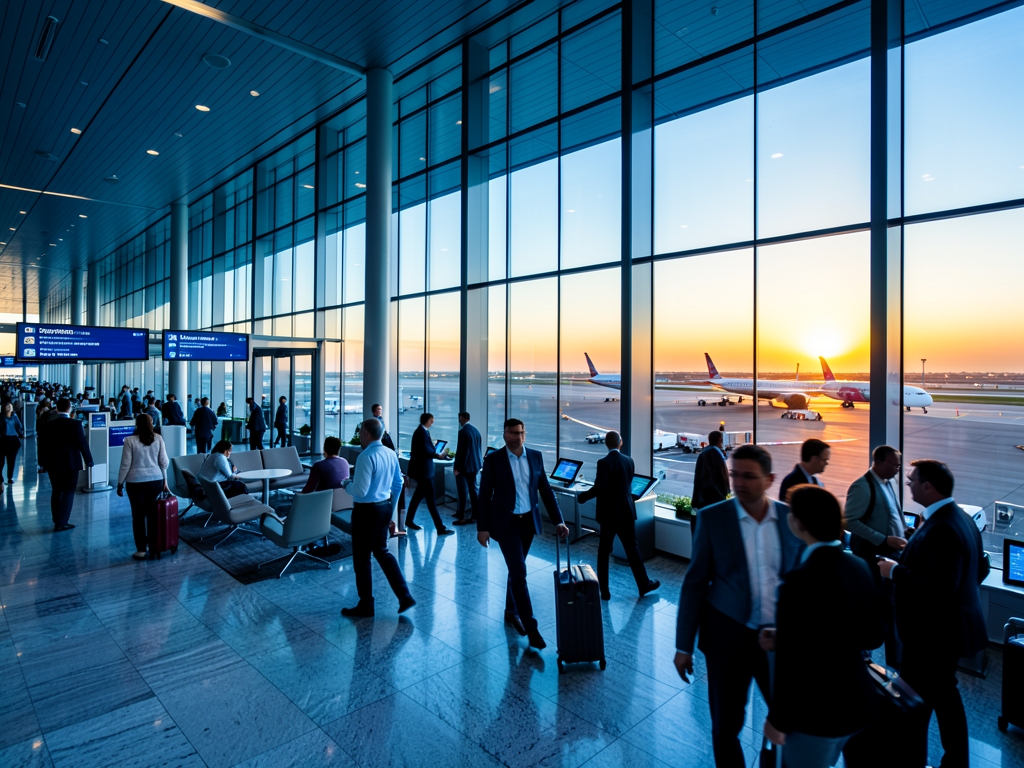 Modern airport terminal interior with floor to ceiling windows overlooking