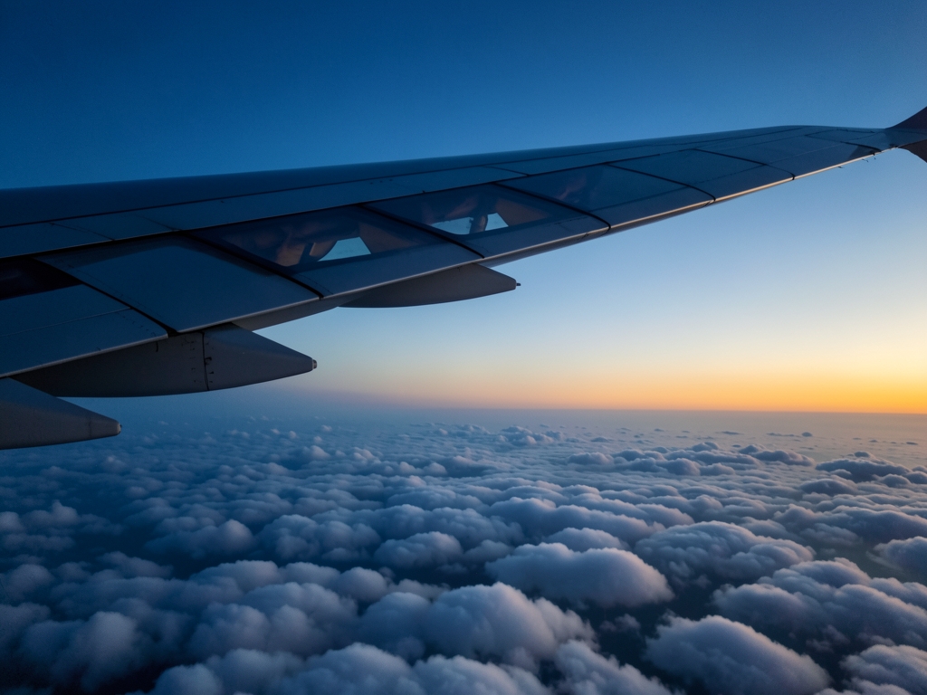 Silhouetted airplane wing above endless Pacific cloud dusk