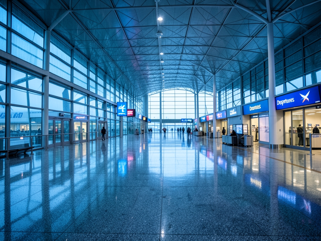 Cool glass and steel airport concourse United States after rain