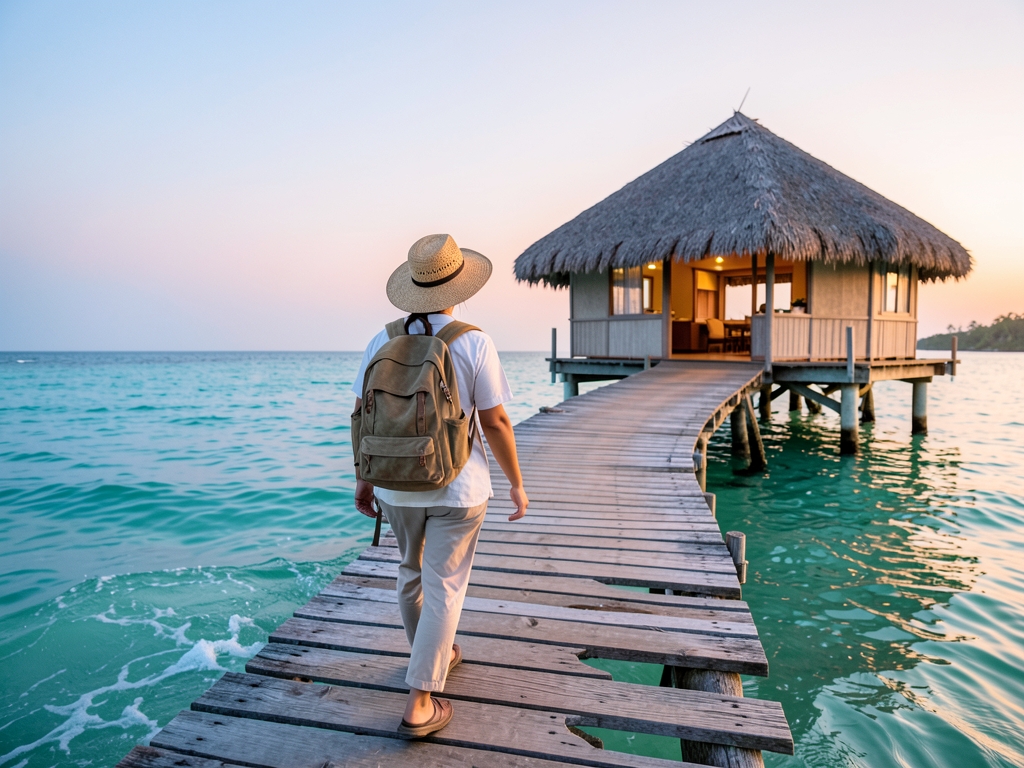 Traveler with woven straw backpack walking along wooden