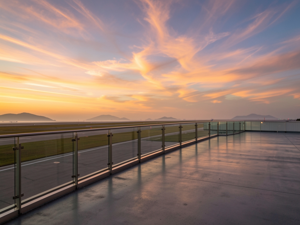 quiet airport terrace golden hour facing runway Caribbean