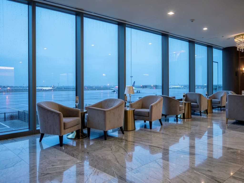 Elegant airport lounge dawn floor to ceiling glass overlooking rain slicked