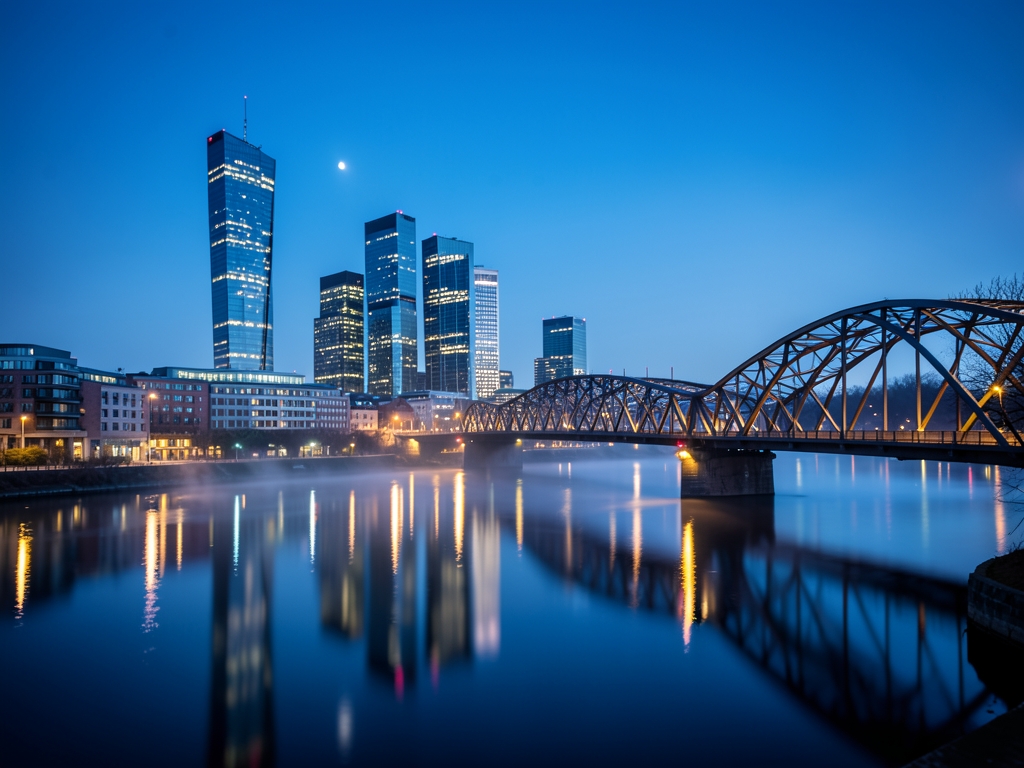 Frankfurt skyline blue hour reflected Main River modern