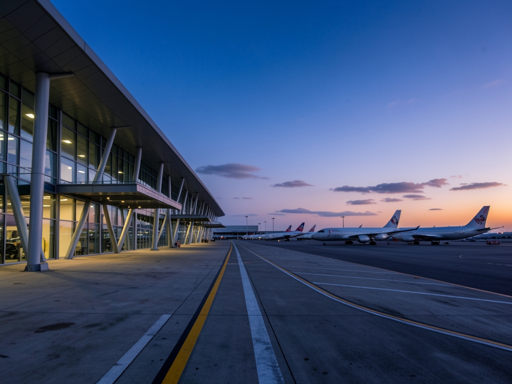 Twilight light spills over geometric airport architecture weathered