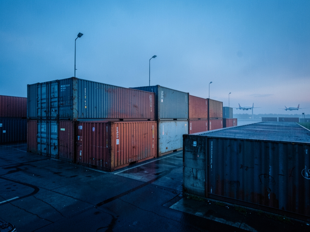 Twilight settles over windswept cargo yard with stacks