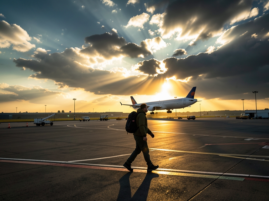 lone traveler crossing windswept European airport apron toward