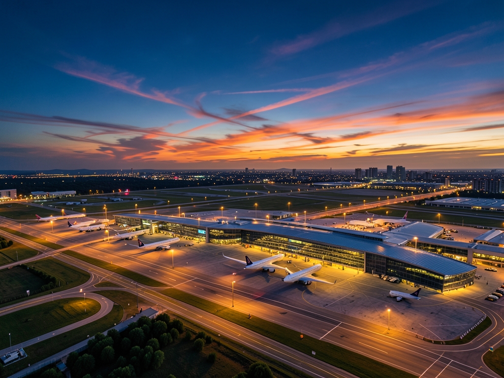 Aerial view sprawling airport dusk runways lined with