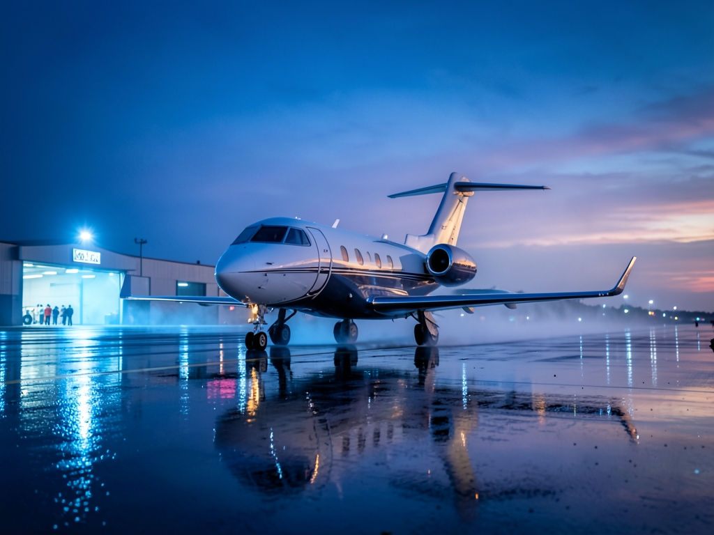 Rain slicked tarmac reflects cool blue glow distant hangar