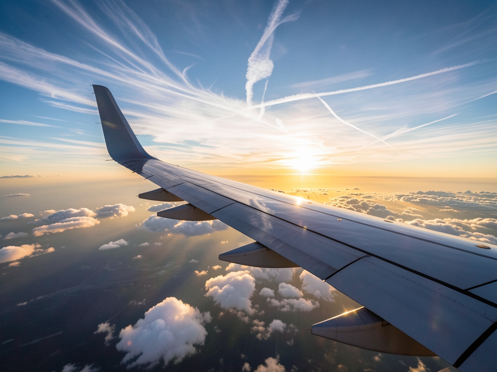 Airliner wing above layered clouds sunset with warm