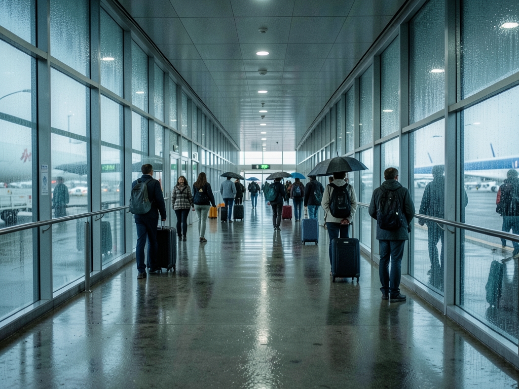 Rainy airport terminal corridor with travelers pulling suitcases