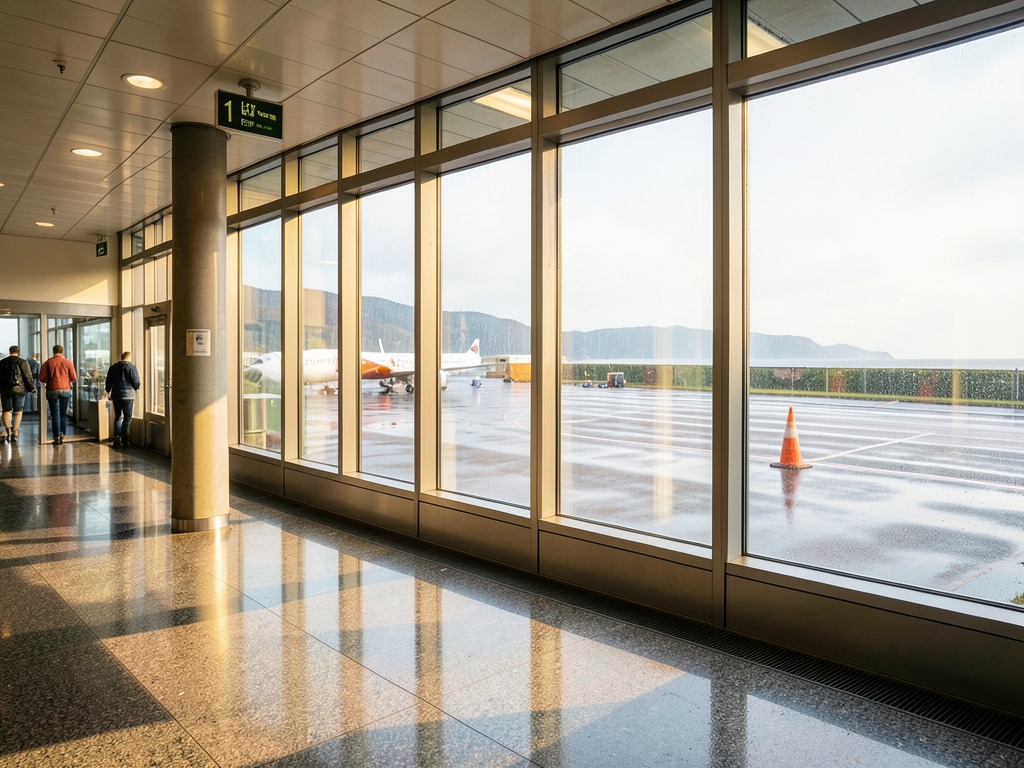 Sunlit departure terminal interior Bergen with large glass