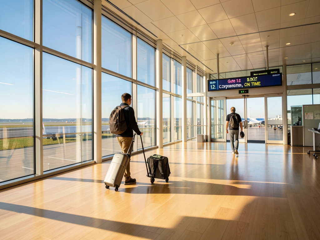Sunlit interior modern Nordic airport terminal with pale