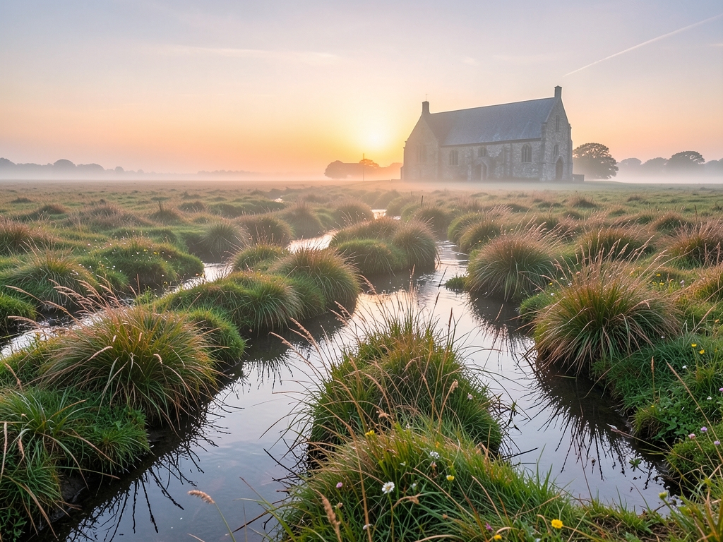 misty fenlands Cambridgeshire dawn with narrow water channels