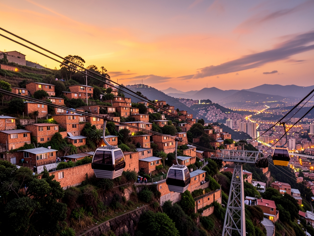 Evening view Medellin hillside with brick homes cable