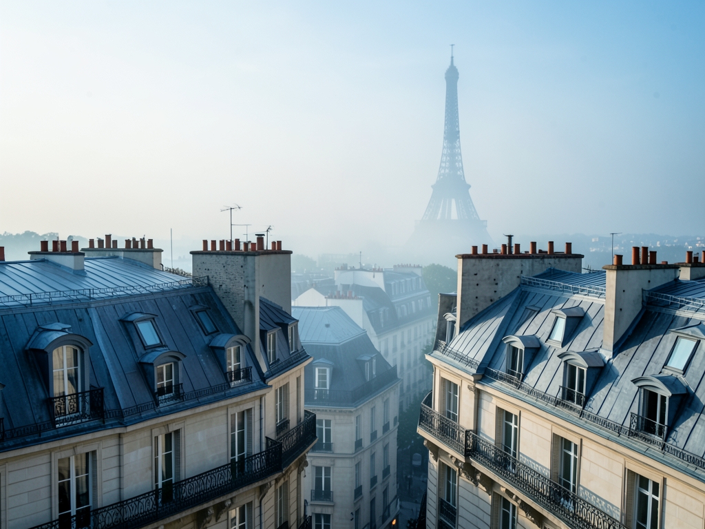 misty Paris arrival framed elegant Haussmann rooftops distant