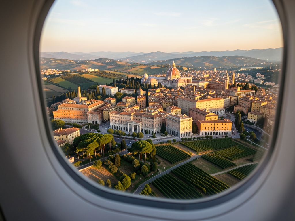 Late afternoon sunlight Rome s ochre façades domes viewed from
