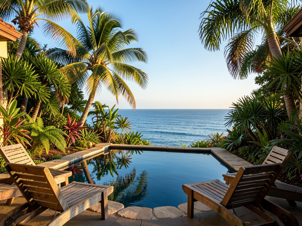 open air hotel courtyard overlooking Atlantic warm afternoon light