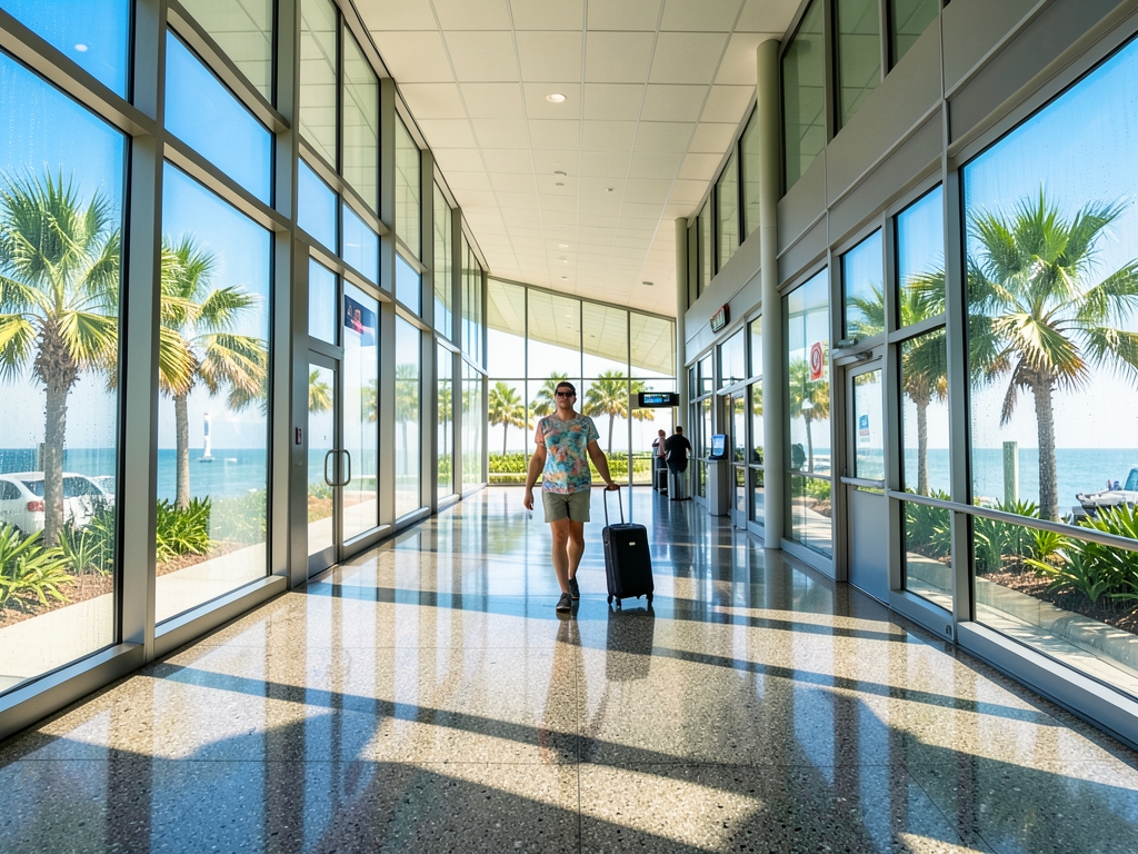 Sunlit terminal walkway coastal Florida airport midday palm