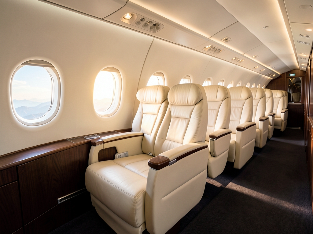 Spacious modern airplane cabin interior with cream leather