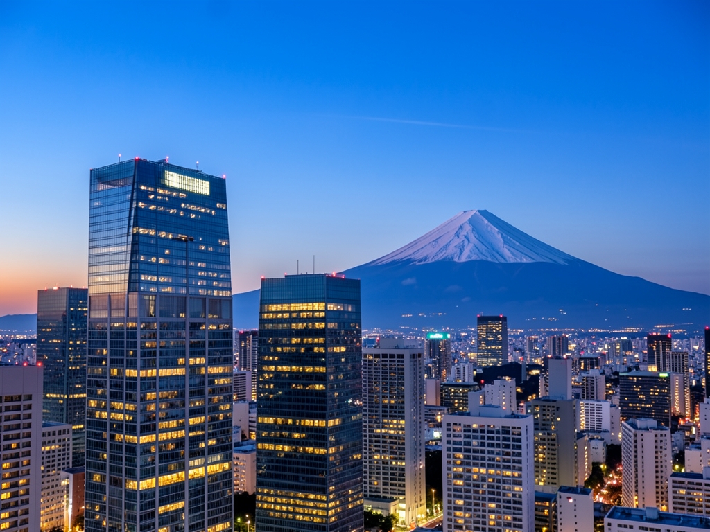 Tokyo skyline blue hour with modern towers distant