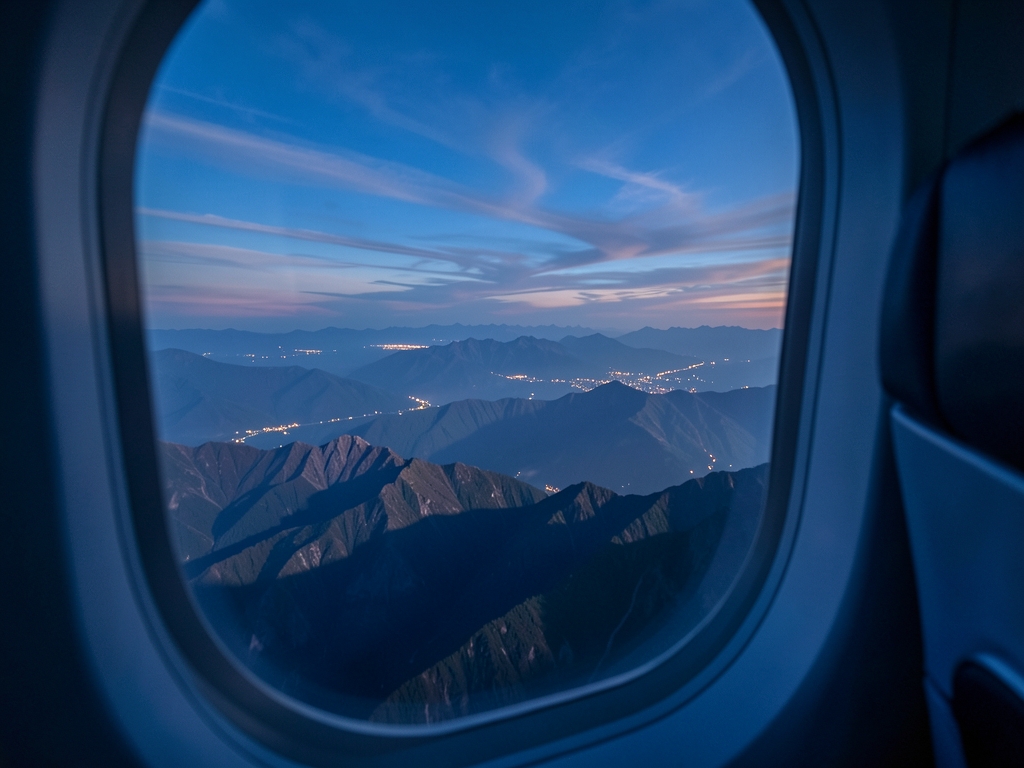 Twilight view from airplane window over layered mountain