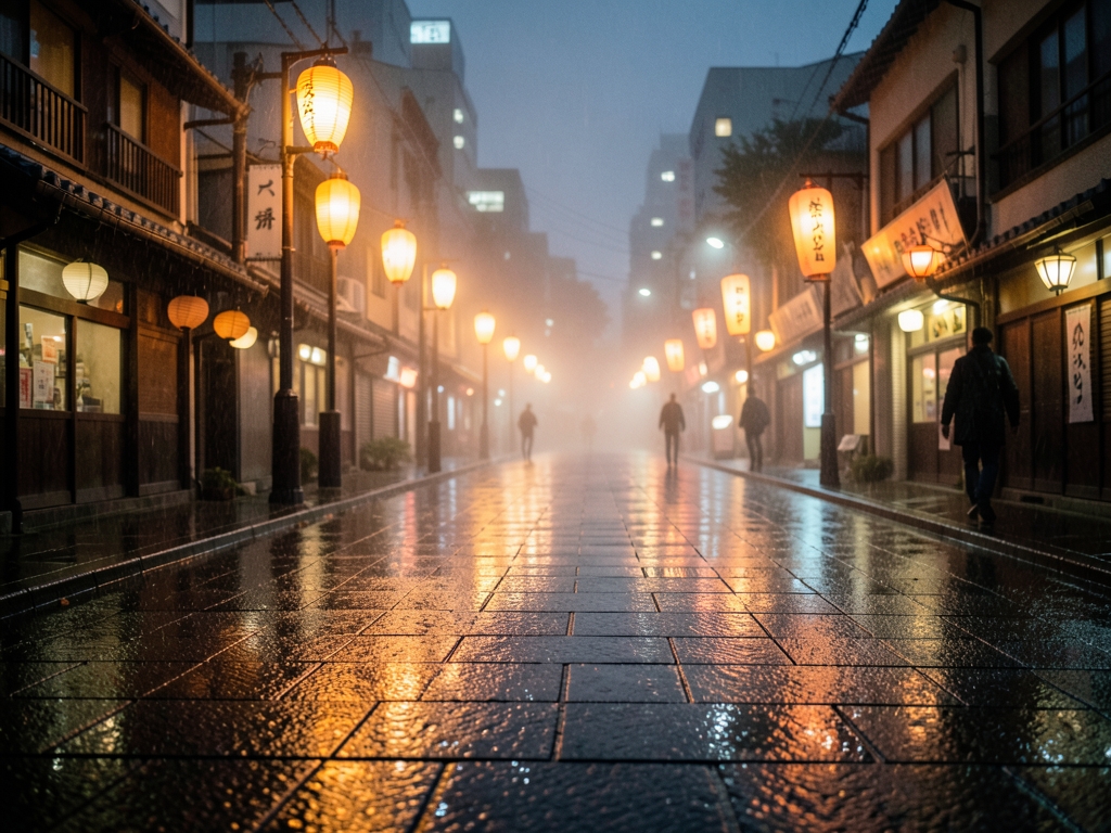 Rain slicked Tokyo street night with warm lantern glow