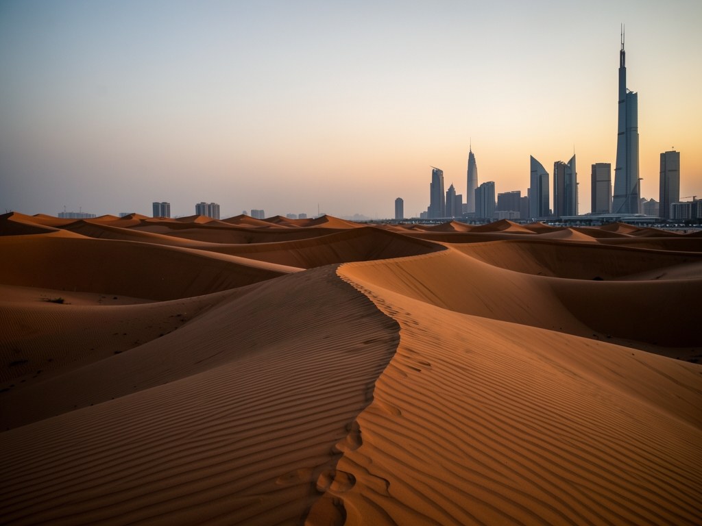 twilight panorama rolling desert dunes just beyond Doha