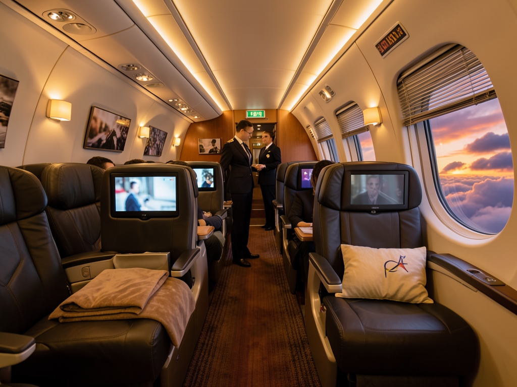 Spacious business class aircraft cabin dusk with warm ambient