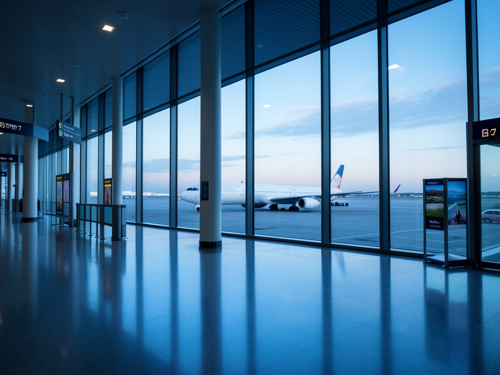 Quiet airport terminal corridor with floor to ceiling windows plane