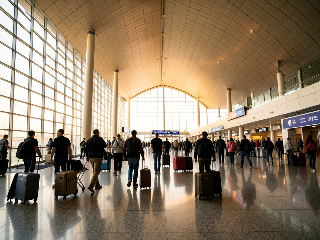 Vast airport concourse with high ceilings distant traveler